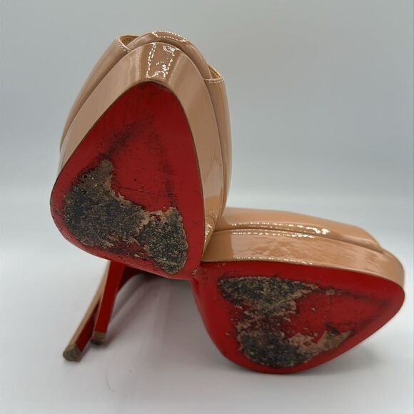 Christian Louboutin Beige Patent Leather Lady Peep Toe Platform Pumps Size 40.5 - Picture 11 of 14
